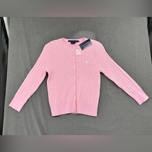 Ralph Lauren Sport Cardigan Cable Knit Button Up Pink Sweater Womens L NWT